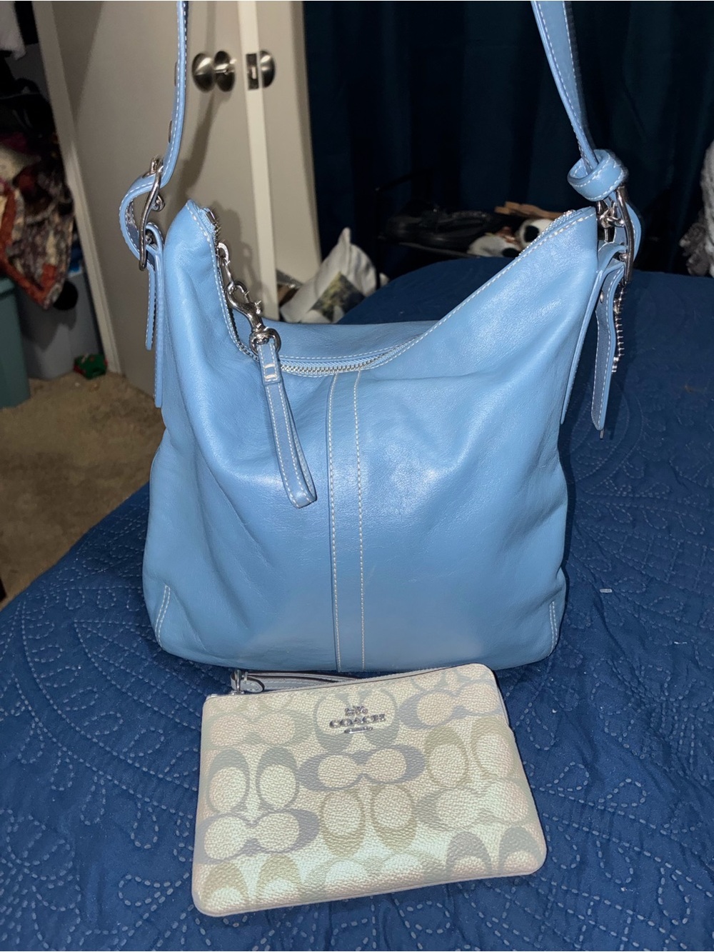 Coach Light Blue Leather Shoulder Bag with Signature Pouch